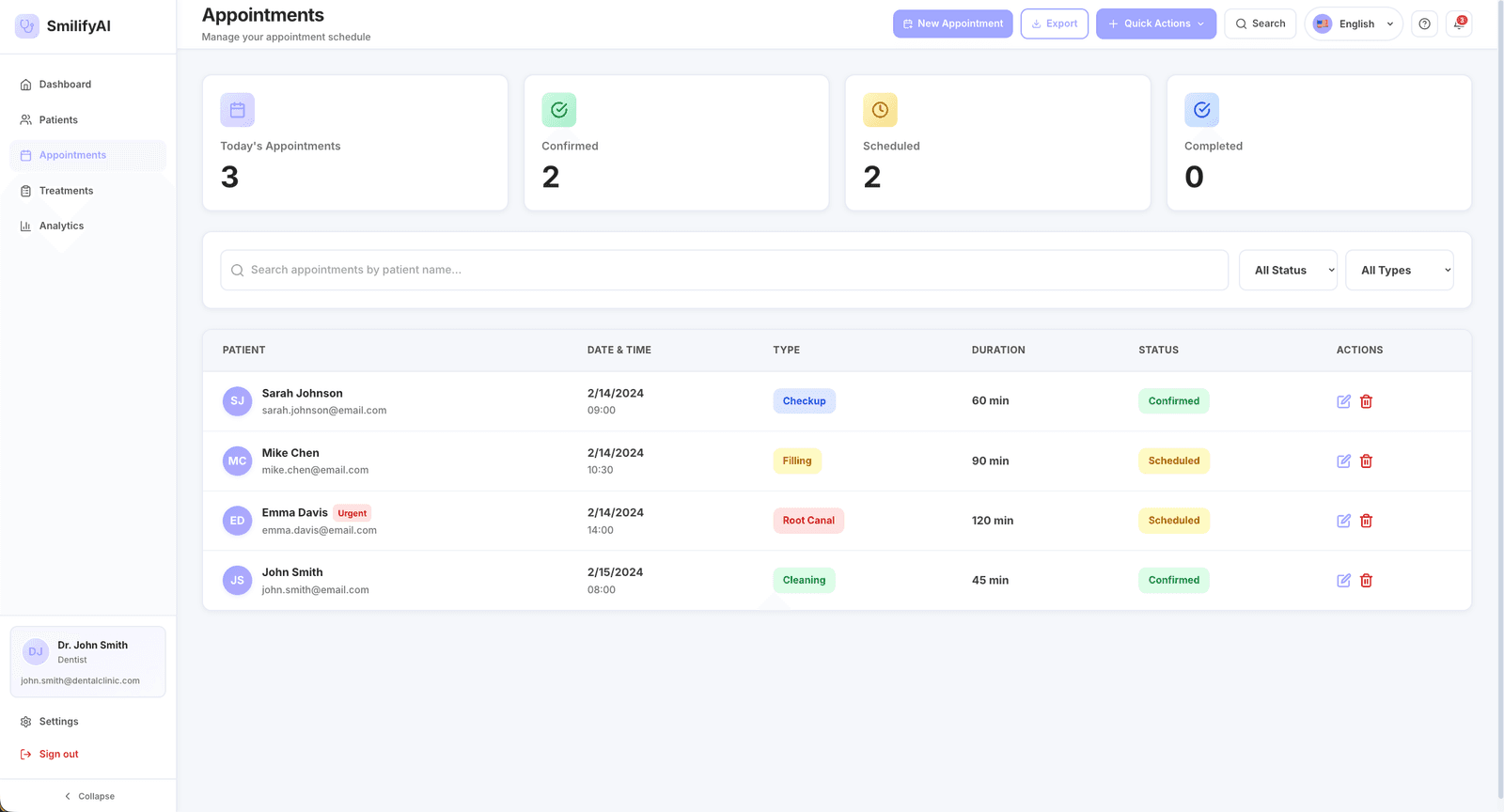 AI-Powered Dental Health Platform, Appointment scheduling by type, duration, and status